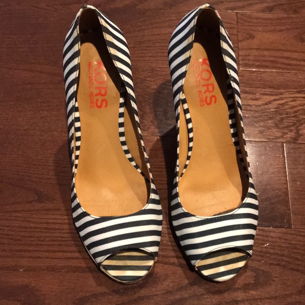 Michael Kors cork navy and white striped heels